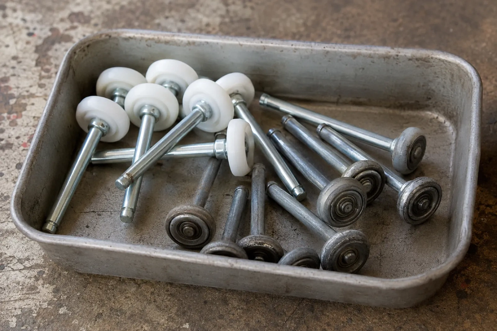 Aluminum tray holding about a dozen garage-door rollers on steel stems, some with white nylon wheels and some with worn metal wheels.