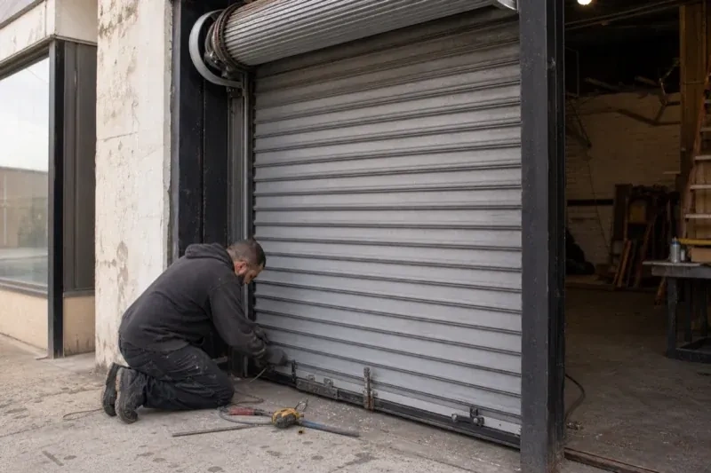 Person kneeling beside the bottom of a metal rolling door with tools on the ground — Commercial Rolling Door Repair, Oakville