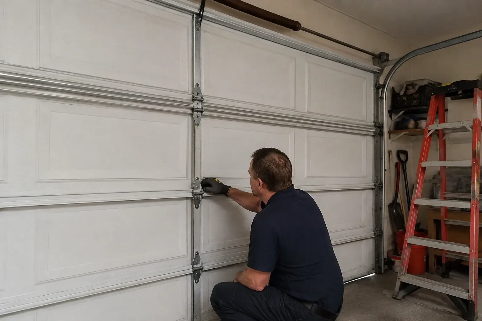 A person examines a central hinge joining two sections of a closed garage door. — Garage Door Hinge Replacement, Oakville