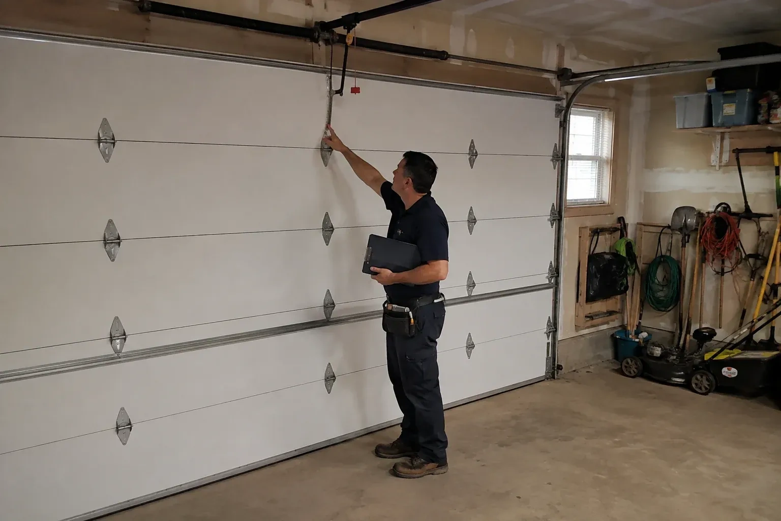 A person holding a clipboard examines the interior hardware of a closed garage door. — Garage Door Tune-Up, Oakville