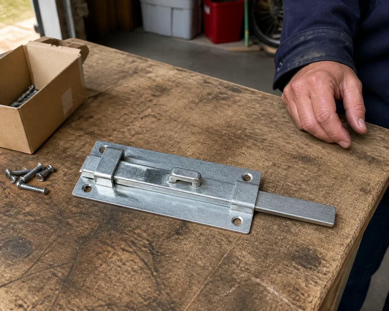 A detached metal slide bolt with mounting holes and retaining guides rests beside screws on a workbench. — Garage Door Manual Lock Repair, Oakville