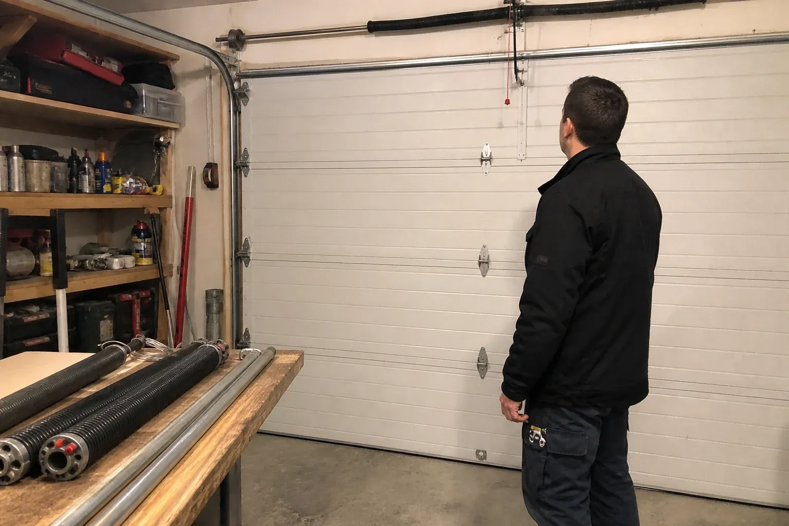 Person in a jacket facing a closed white sectional door, with coiled springs and steel tubes on a wooden bench. — Extension Spring Replacement, Oakville