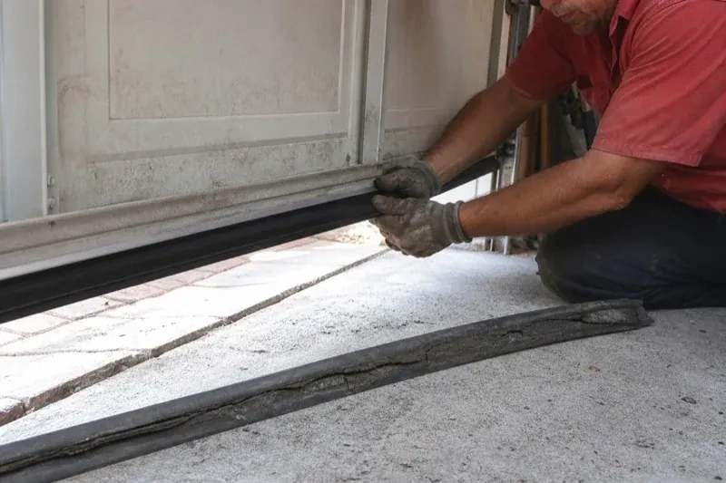 Person fitting a black strip along the bottom edge of a partly raised garage door, with a cracked strip lying on the floor. — Garage Door Bottom Seal Replacement, Oakville