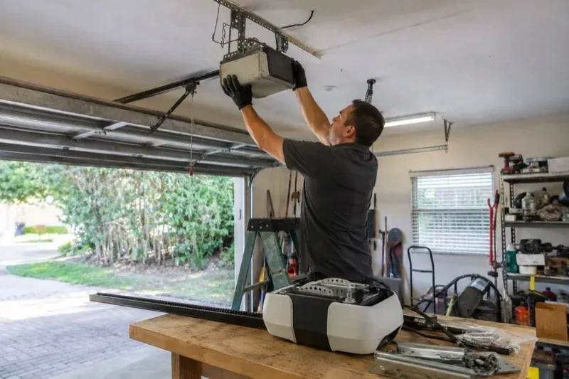 Person holding an overhead garage-door opener beside another opener and hardware on a workbench — Garage Door Opener Replacement, Oakville