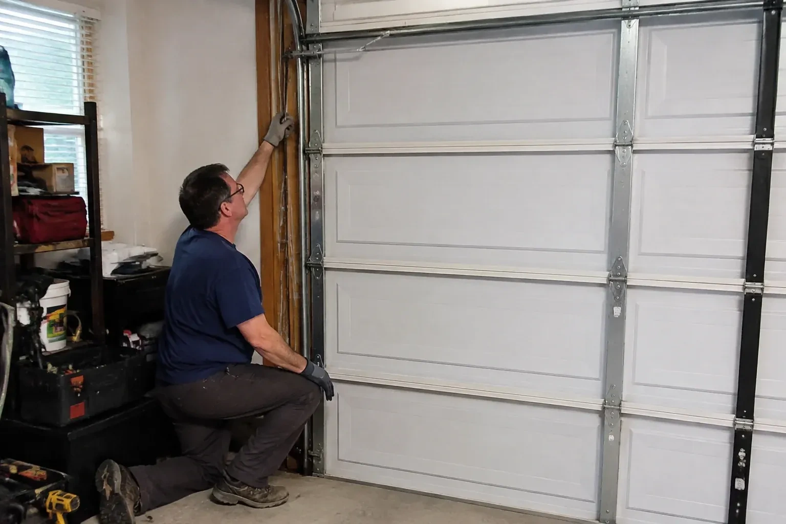 Person kneeling inside a garage reaching up along the vertical track of a white paneled door, with a toolbox and drill nearby. — Garage Door Cable Replacement, Oakville