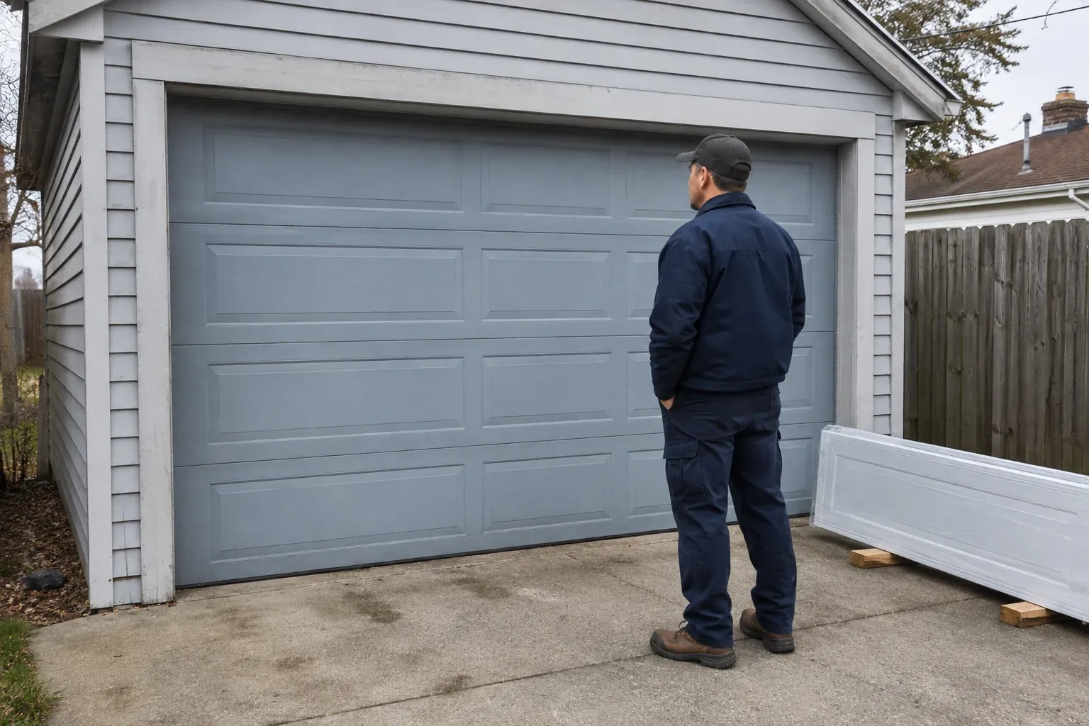 A person examines a blue-grey sectional garage door with a packaged door panel resting beside the driveway. — Sectional Garage Door Replacement, Oakville