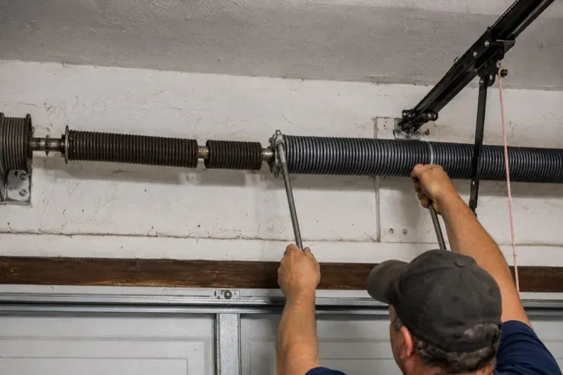 Person holding metal bars beside exposed coiled springs above a garage door. — Torsion Spring Replacement, Oakville