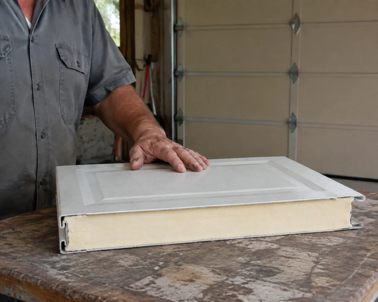 A panel sample exposes a cream foam core between thin metal faces on a garage workbench. — Insulated Steel Garage Door Installation, Oakville