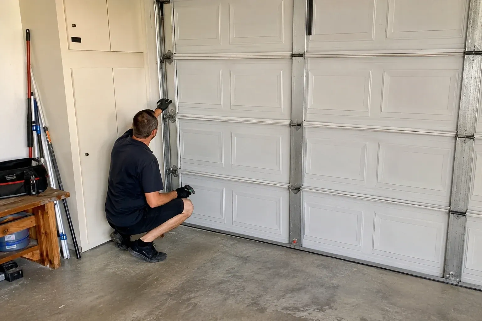 A person kneels beside the side track and hinges of a closed sectional garage door. — Garage Door Safety Inspection, Oakville