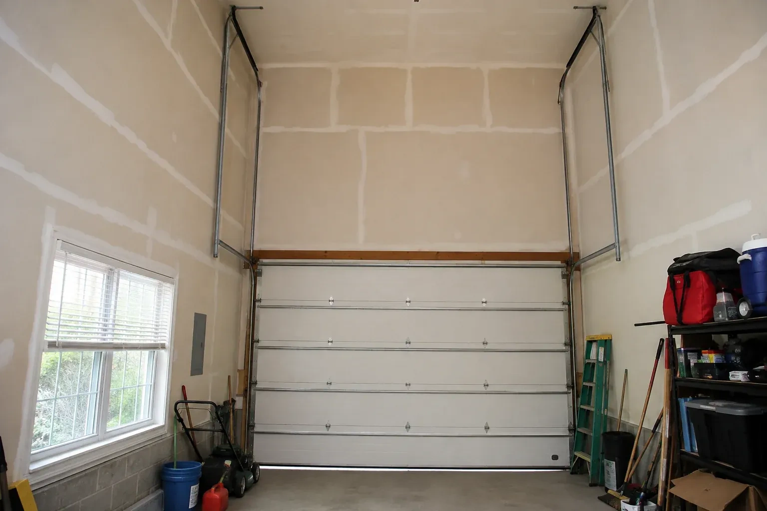 Tall garage interior with a sectional door and tracks extending into overhead space. — High-Lift Garage Door Conversion, Oakville