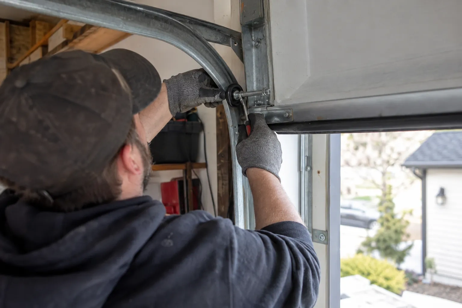 Technician in gray gloves holding a red-handled tool at a black roller on the curved door track, under a white door panel.
