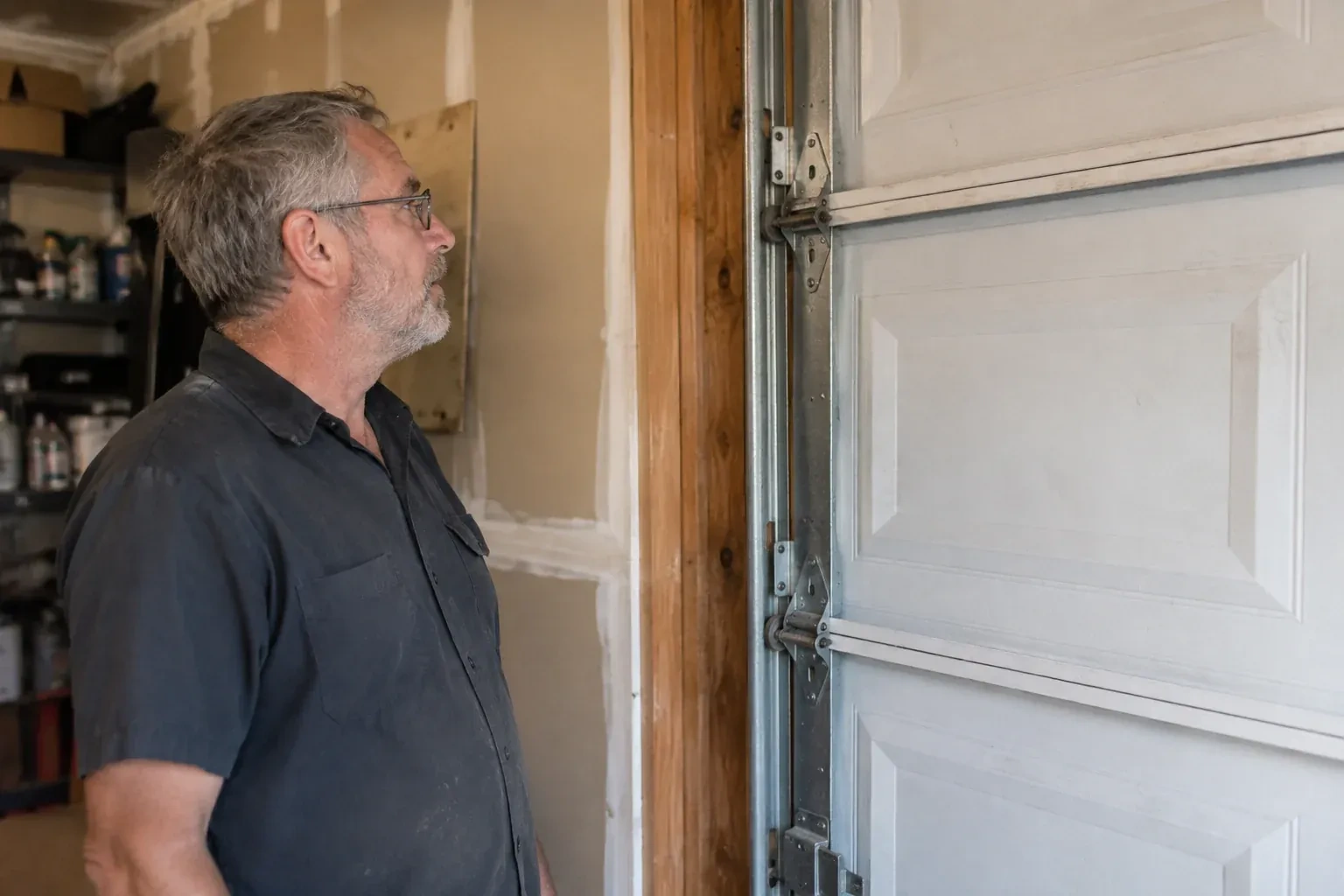 Technician looking at vertical garage door track and edge hinges. — Garage Door Track Repair or Replacement, Oakville