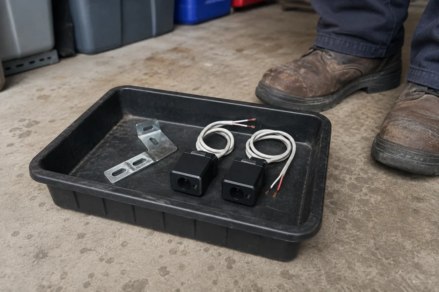 Two detached black sensors with recessed lenses and coiled wires lie in a tray beside a mounting bracket. — Photo-Eye Sensor Alignment or Replacement, Oakville