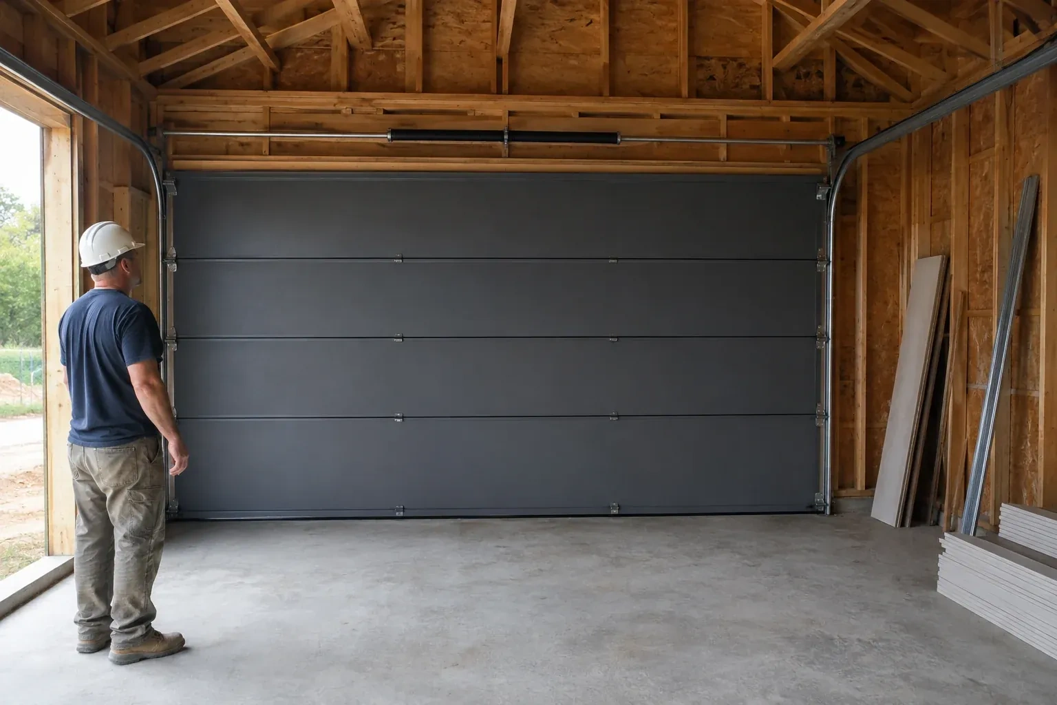 A person wearing a hard hat stands beside a dark sectional door in an unfinished timber-framed garage. — New-Construction Garage Door Installation, Oakville